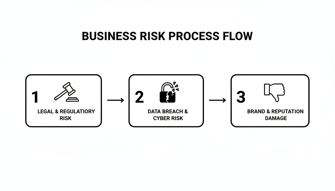 A business risk process flow illustrating legal, data breach, and brand reputation damage risks.