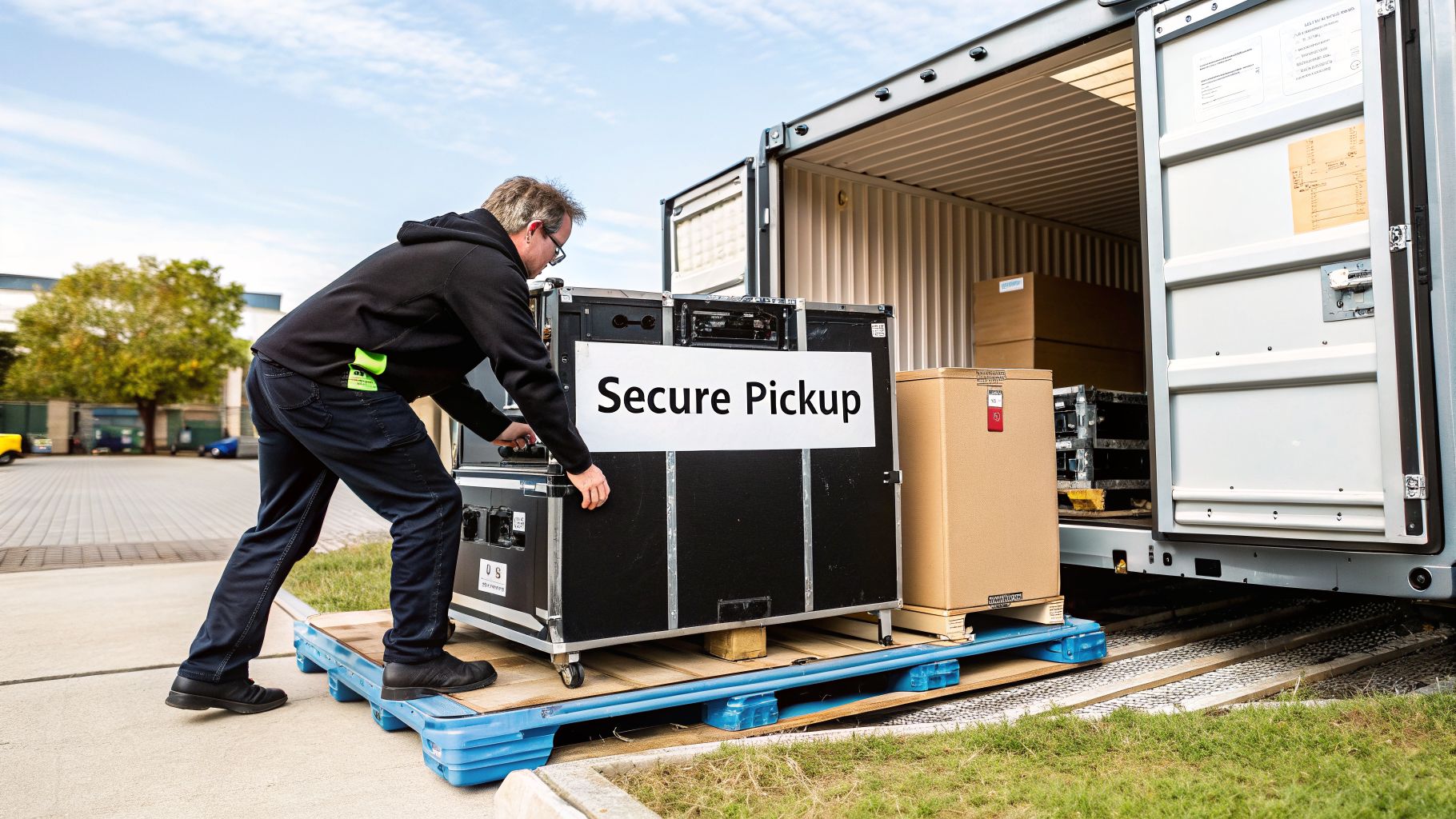 A man loads a large black case labeled "Secure Pickup" onto a shipping container.
