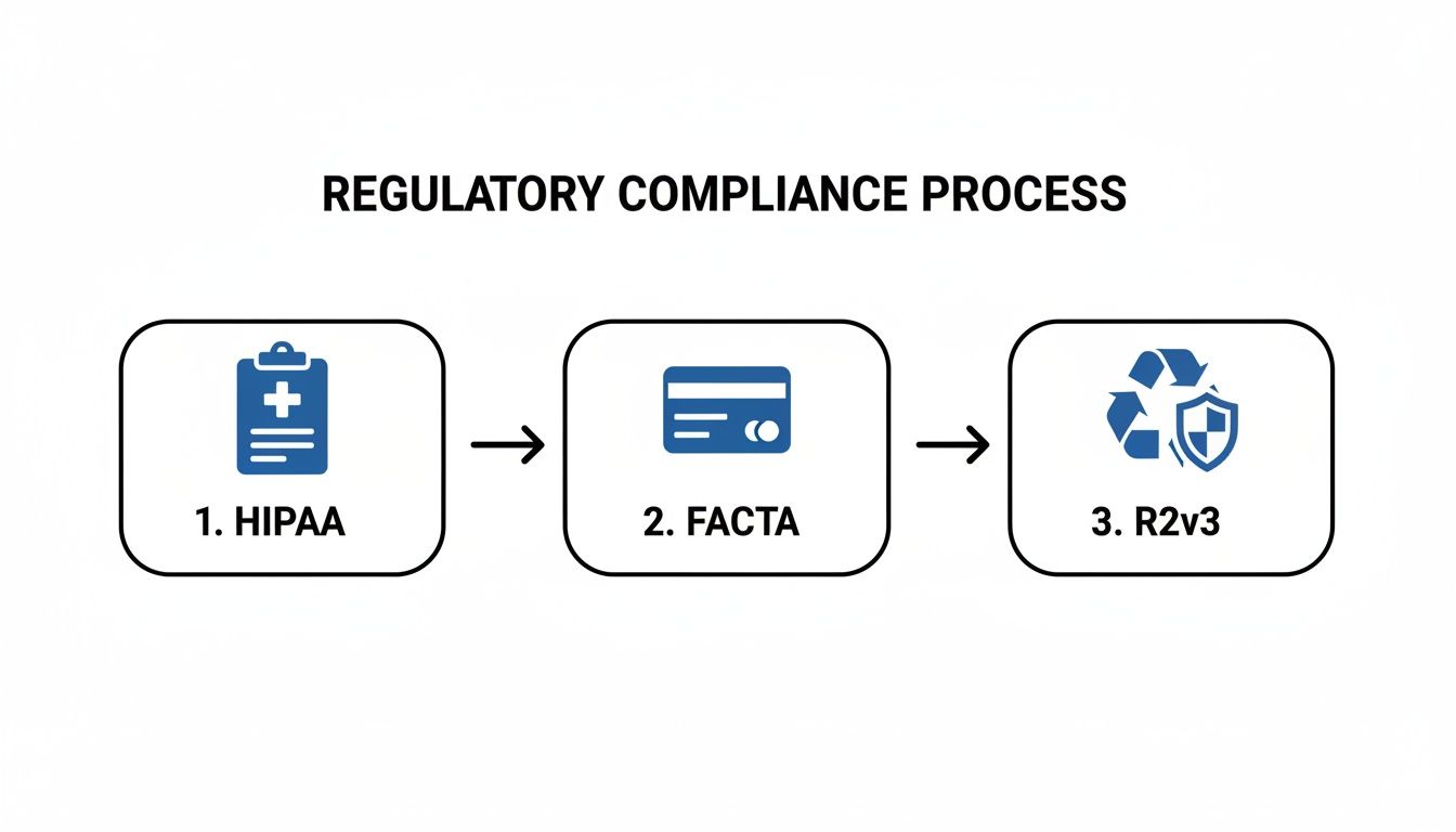 Regulatory compliance process flow, highlighting HIPAA, FACTA, and R2v3 standards for data and asset disposition.