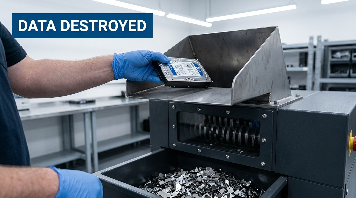 A gloved hand feeds a hard drive into a shredder, demonstrating data destruction services.