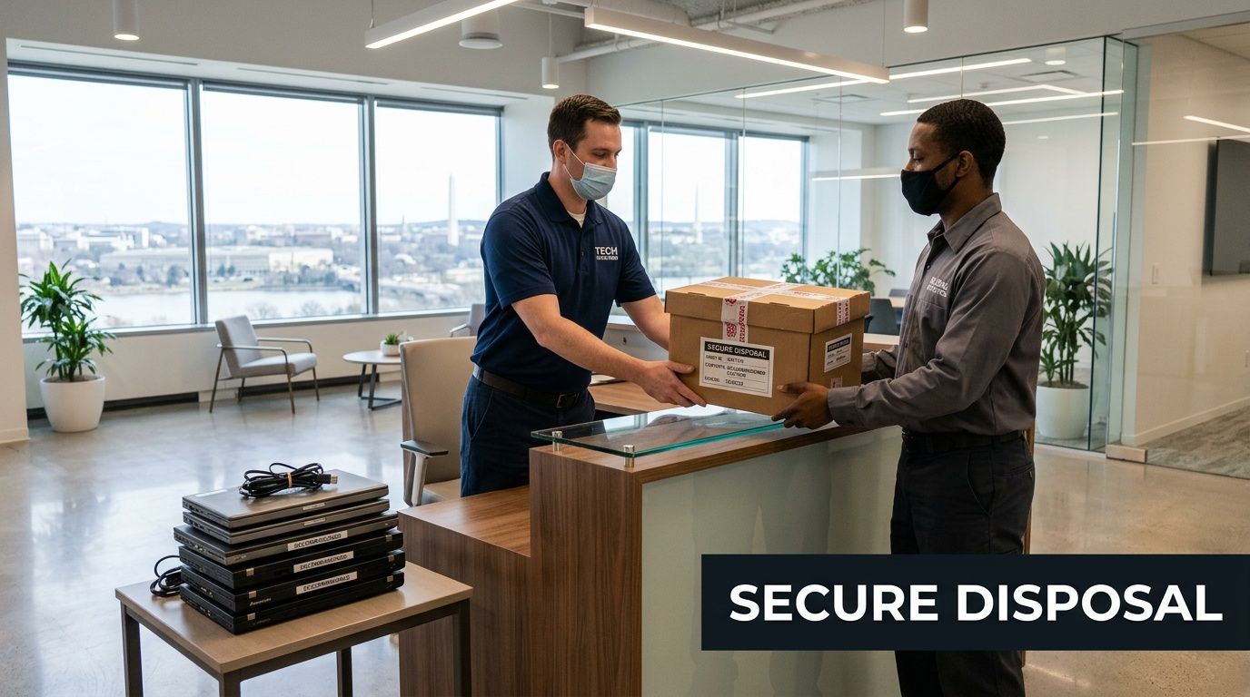 Two masked men exchanging a secure disposal box at an office with a city view and old laptops.