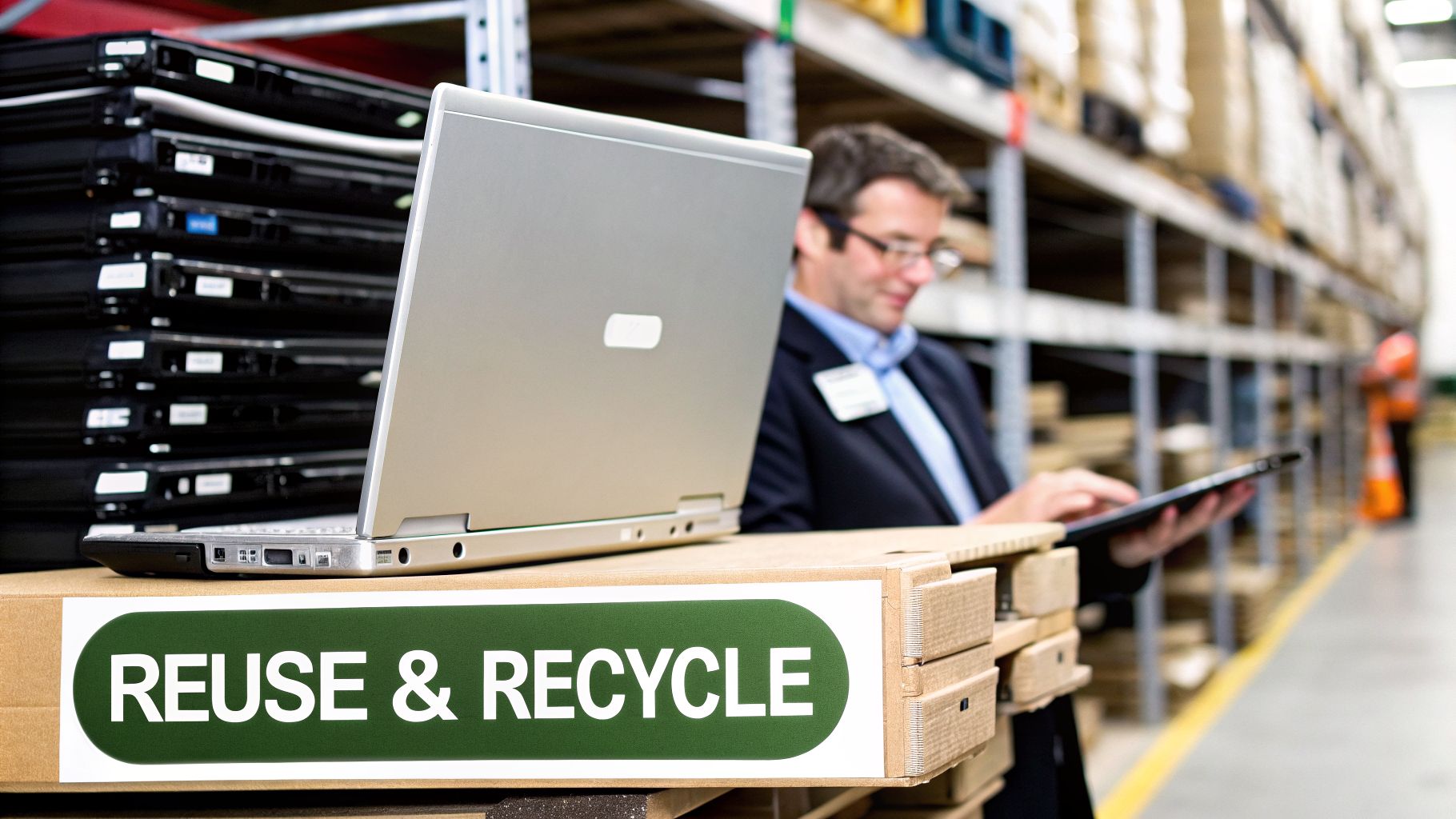 A man manages computer recycling inventory with a laptop and "Reuse & Recycle" box.