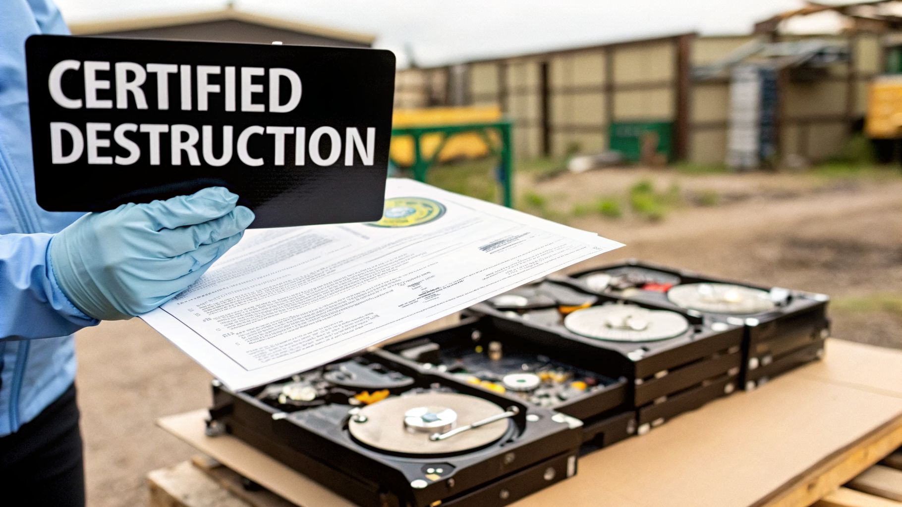 A gloved hand holds a "CERTIFIED DESTRUCTION" sign and documents over open hard drives, signifying secure data disposal.