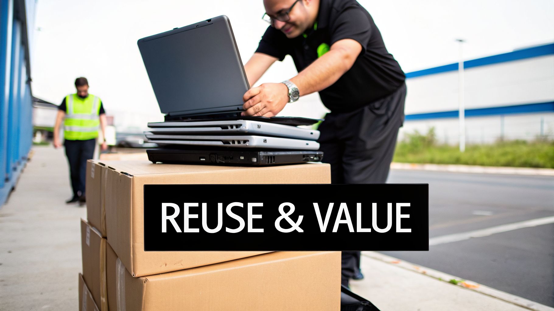 A man stacks used laptops on cardboard boxes outdoors, with text 'REUSE & VALUE'.