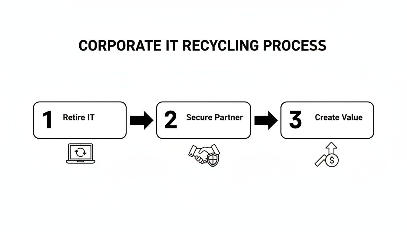 A three-step corporate IT recycling process flowchart showing retiring IT, securing a partner, and creating value.