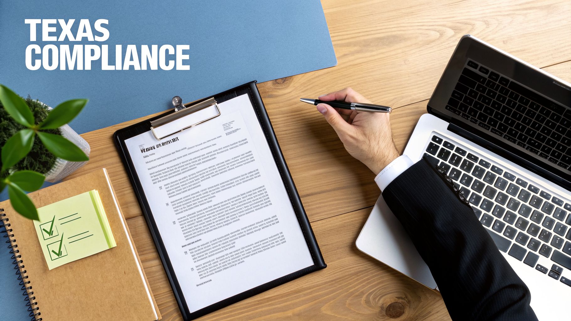 Overhead view of a person reviewing a compliance document on a clipboard next to a laptop and plant.