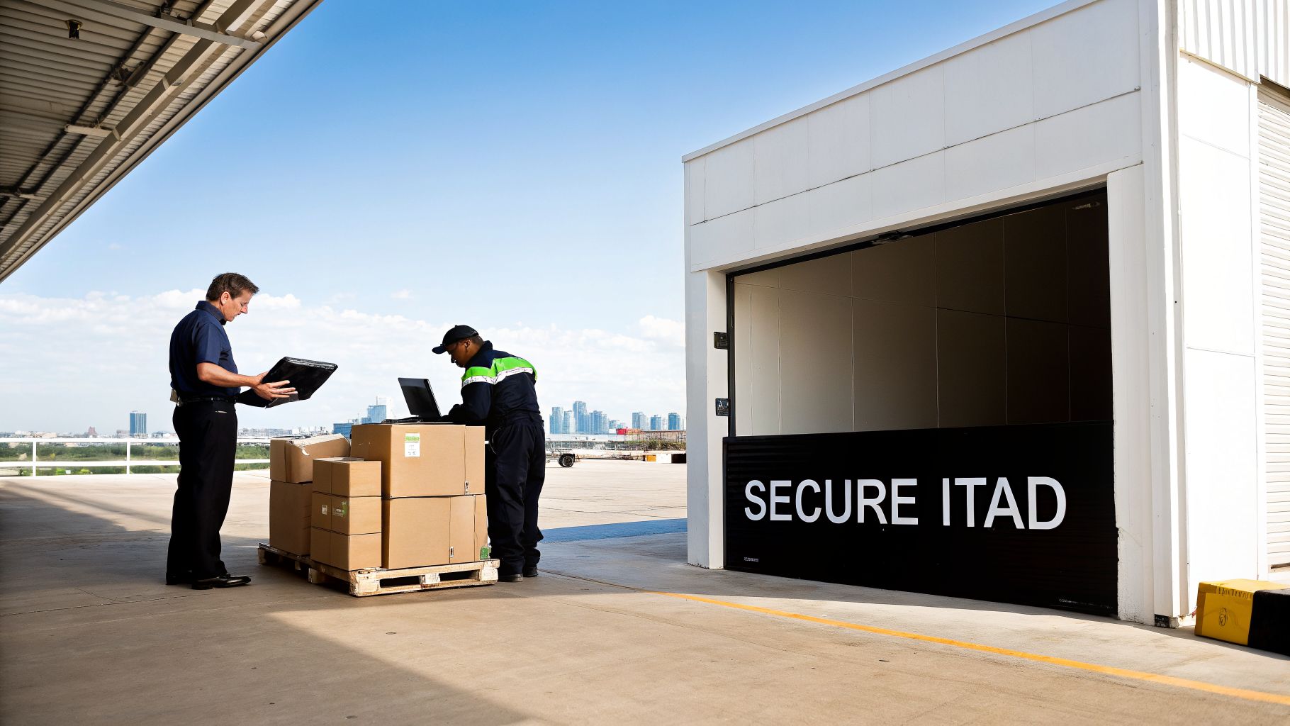 Two men inspect packages on a pallet outside a "SECURE ITAD" facility with a city skyline.
