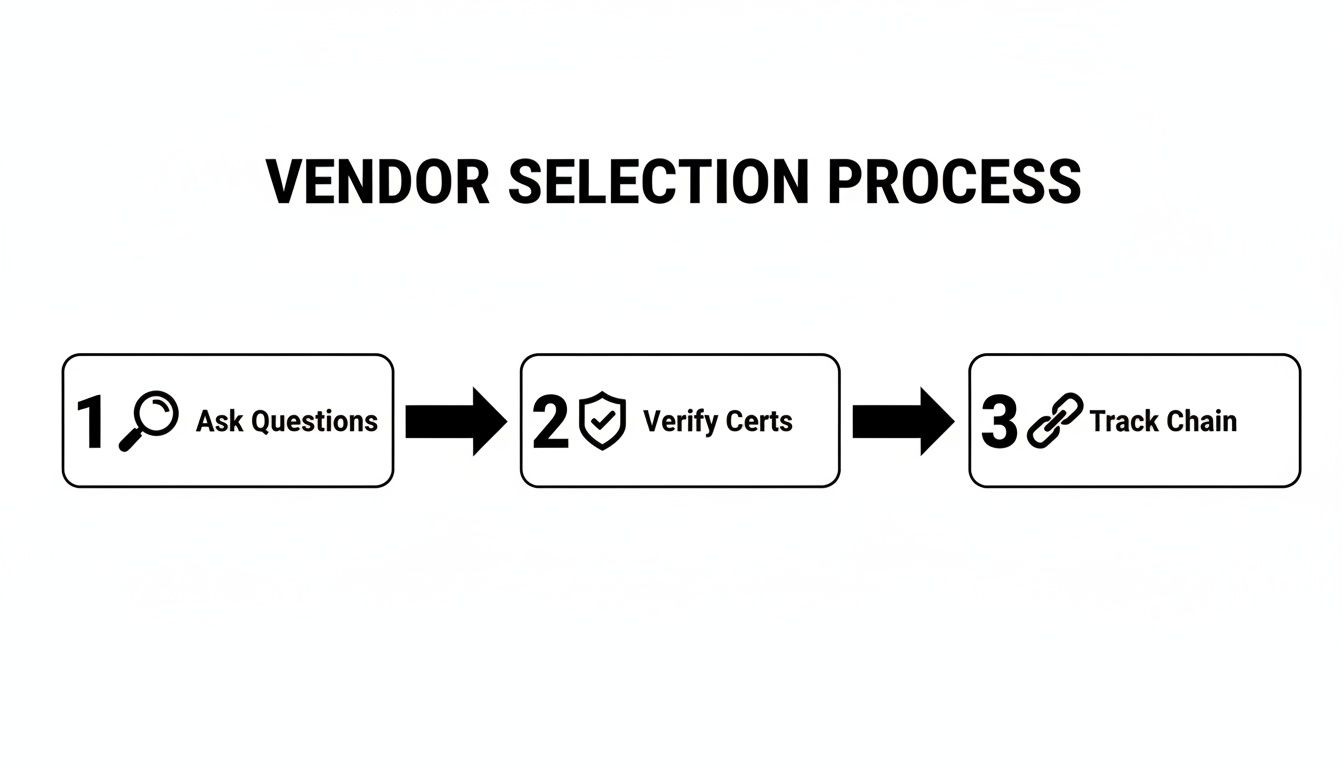 A flowchart illustrating a three-step vendor selection process: Ask Questions, Verify Certs, Track Chain.