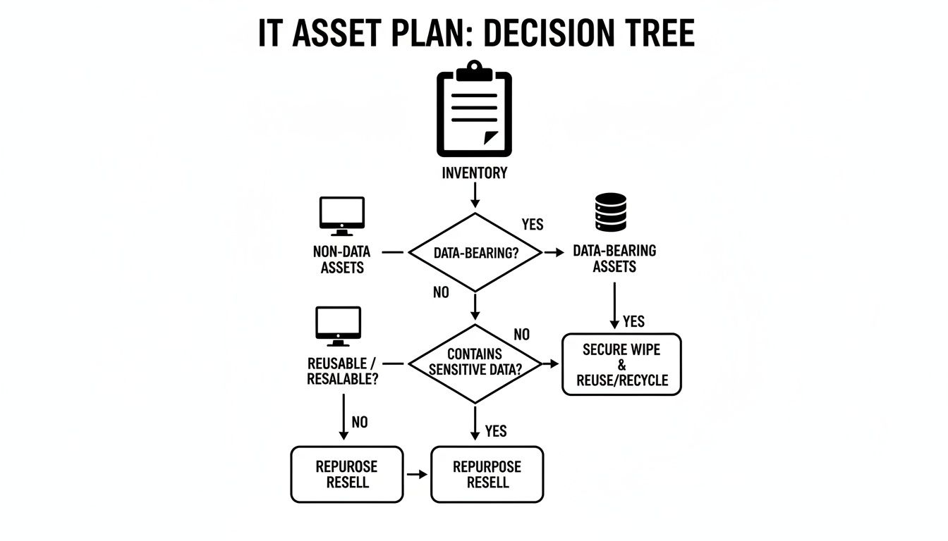 A detailed flowchart showing an IT asset plan decision tree for managing data-bearing and non-data assets.