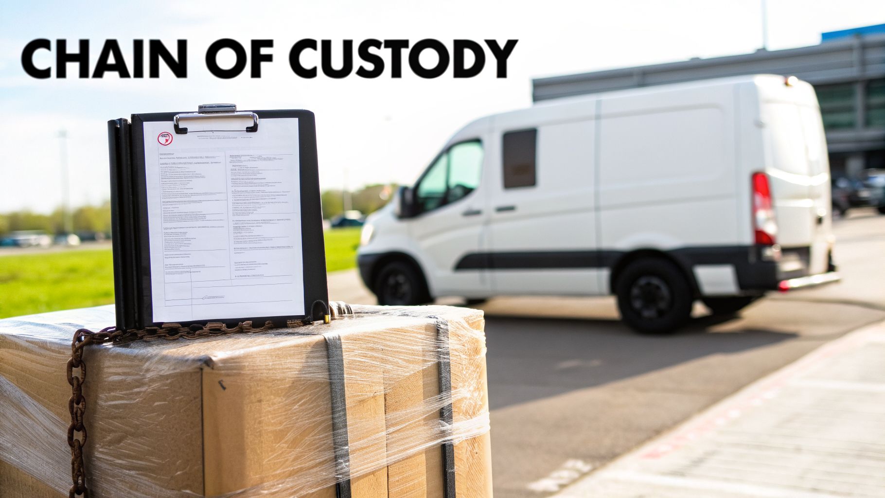 A 'Chain of Custody' document on a clipboard atop secured packages with a delivery van in the background.