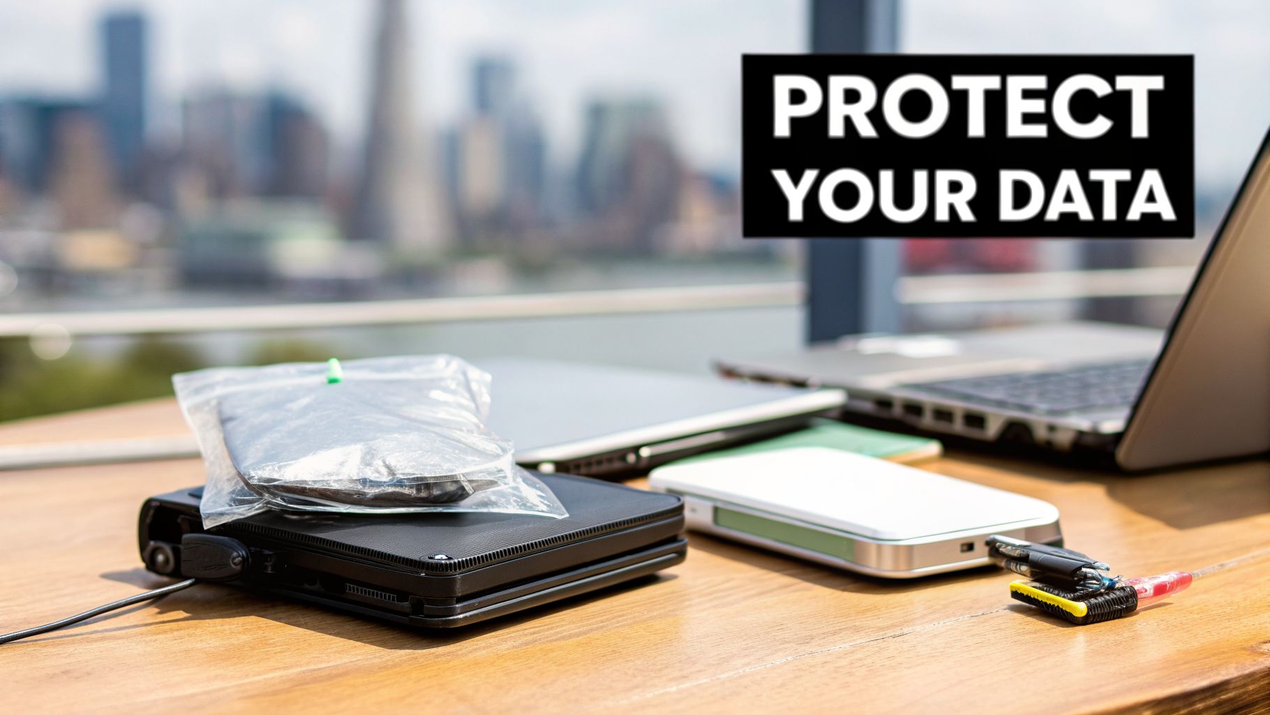 A collection of laptops and external hard drives on a table with a city background, displaying 'PROTECT YOUR DATA'.