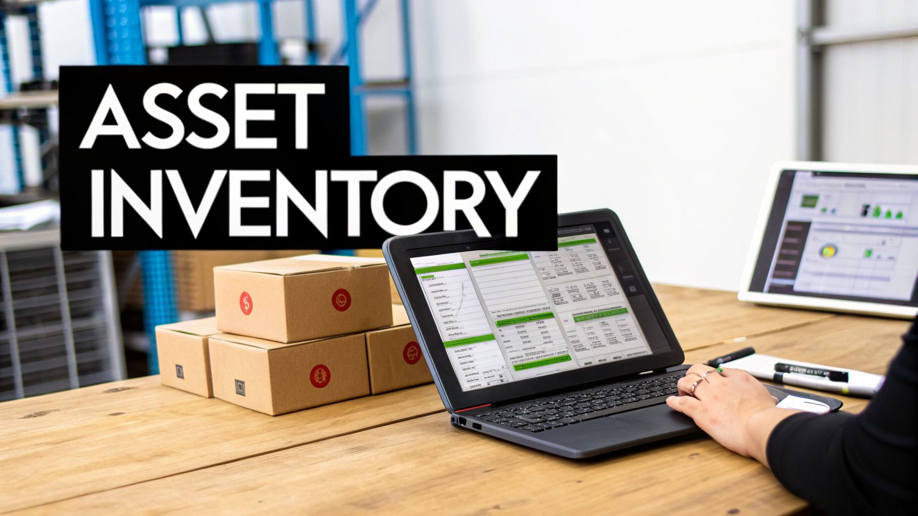 Person using a laptop for asset inventory management with boxes and a 'ASSET INVENTORY' sign.