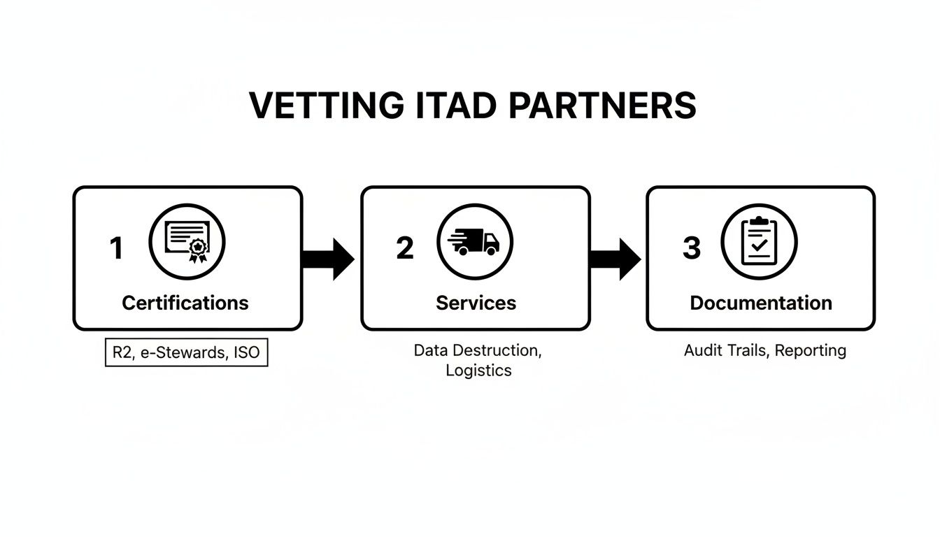 A process flow for vetting ITAD partners, including certifications, services, and documentation.