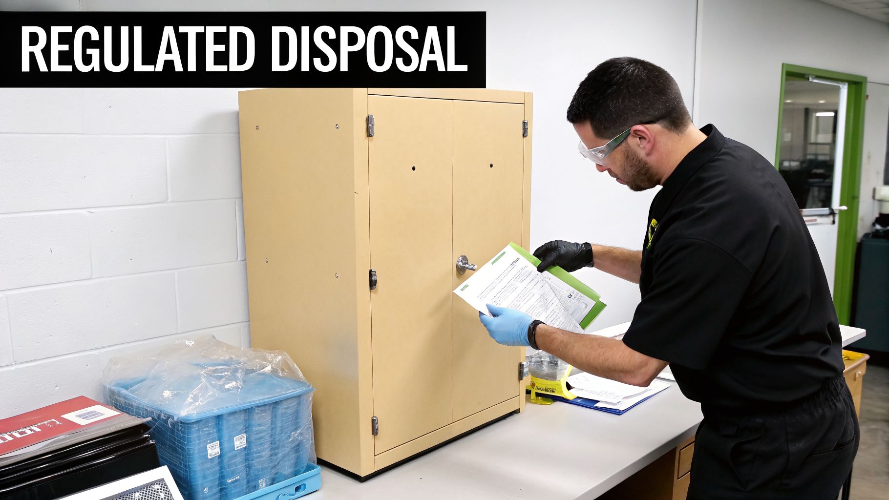 A man in safety glasses and gloves processes documents for regulated equipment disposal.