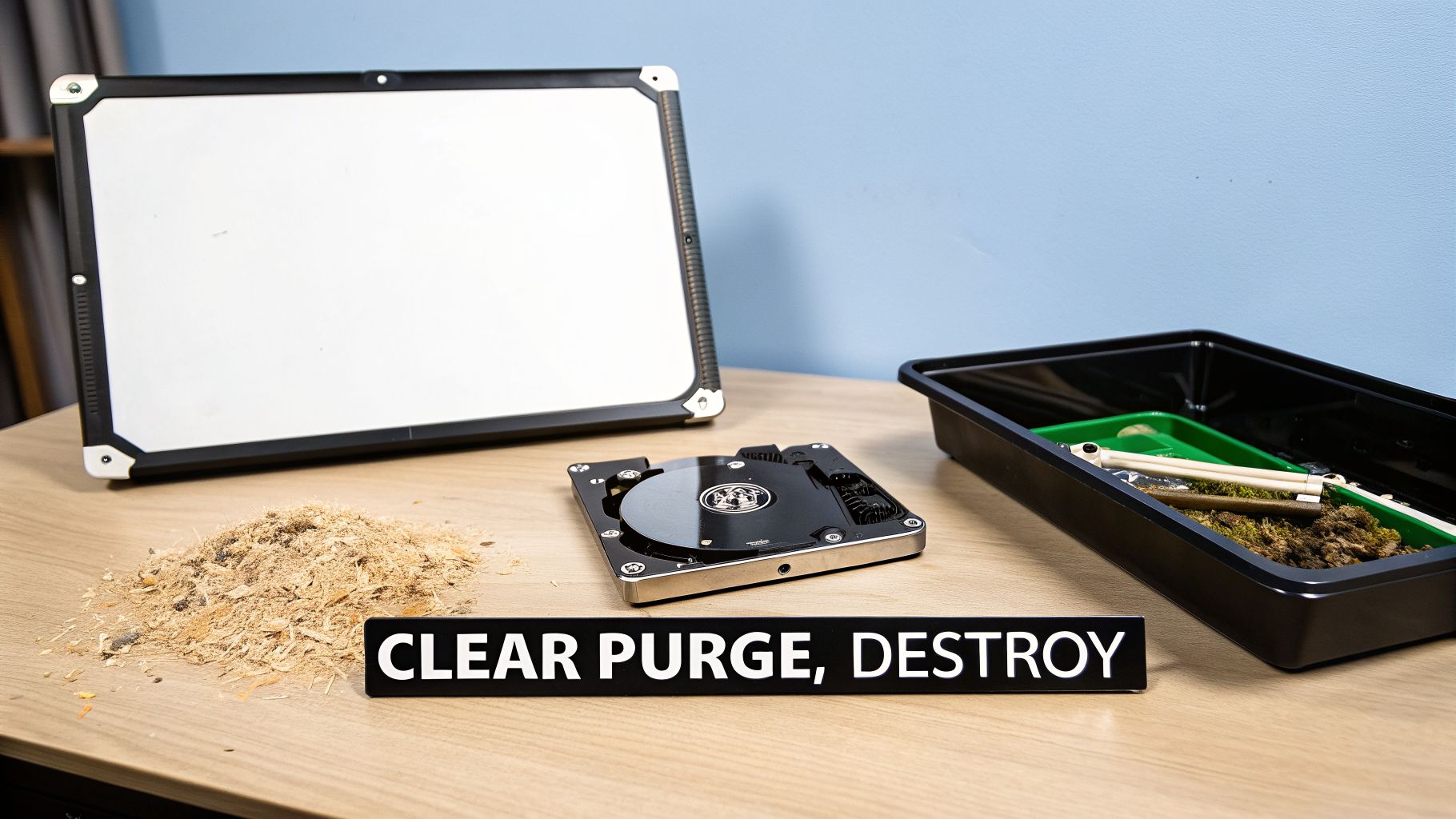 A desk with an open hard drive, sawdust, a whiteboard, and a 'CLEAR PURGE, DESTROY' sign.