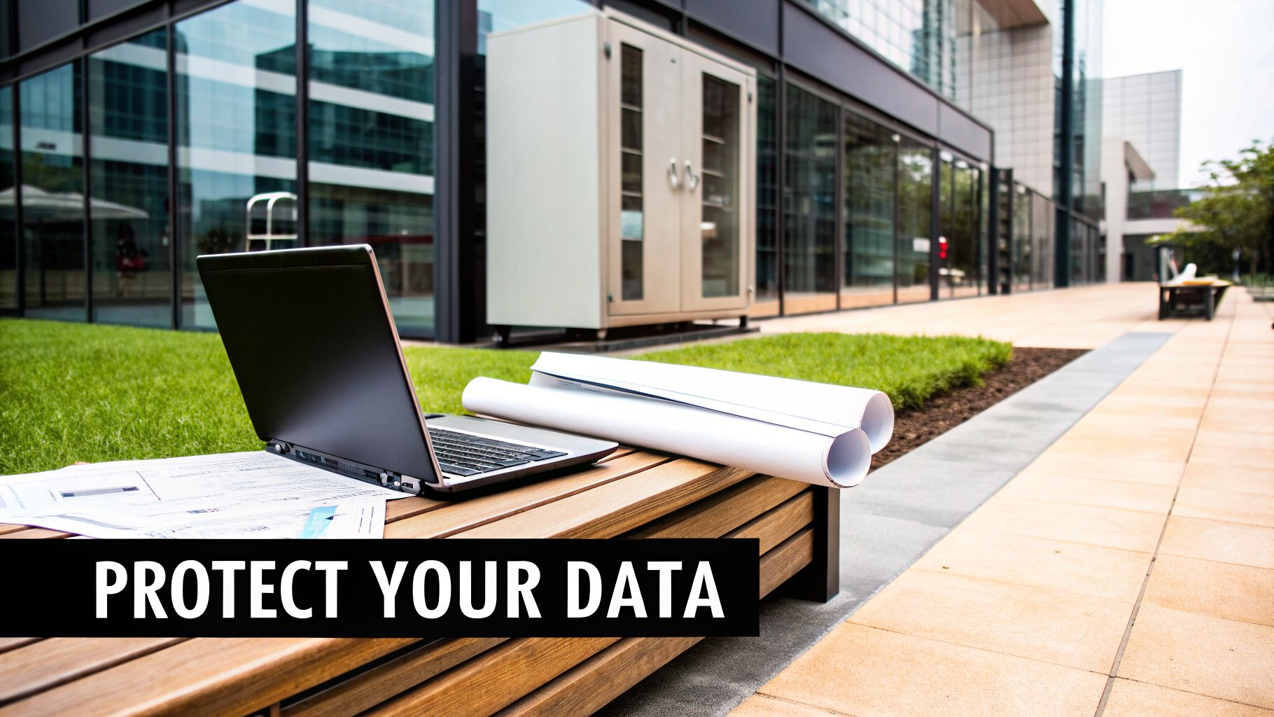 A laptop and rolled-up papers on a wooden bench with 'PROTECT YOUR DATA' text, outside modern office buildings.