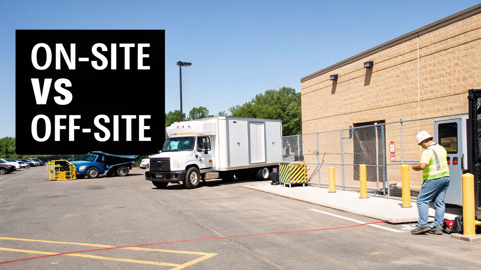 Mobile data destruction truck parked at a building, worker in safety gear, highlighting on-site vs off-site services.