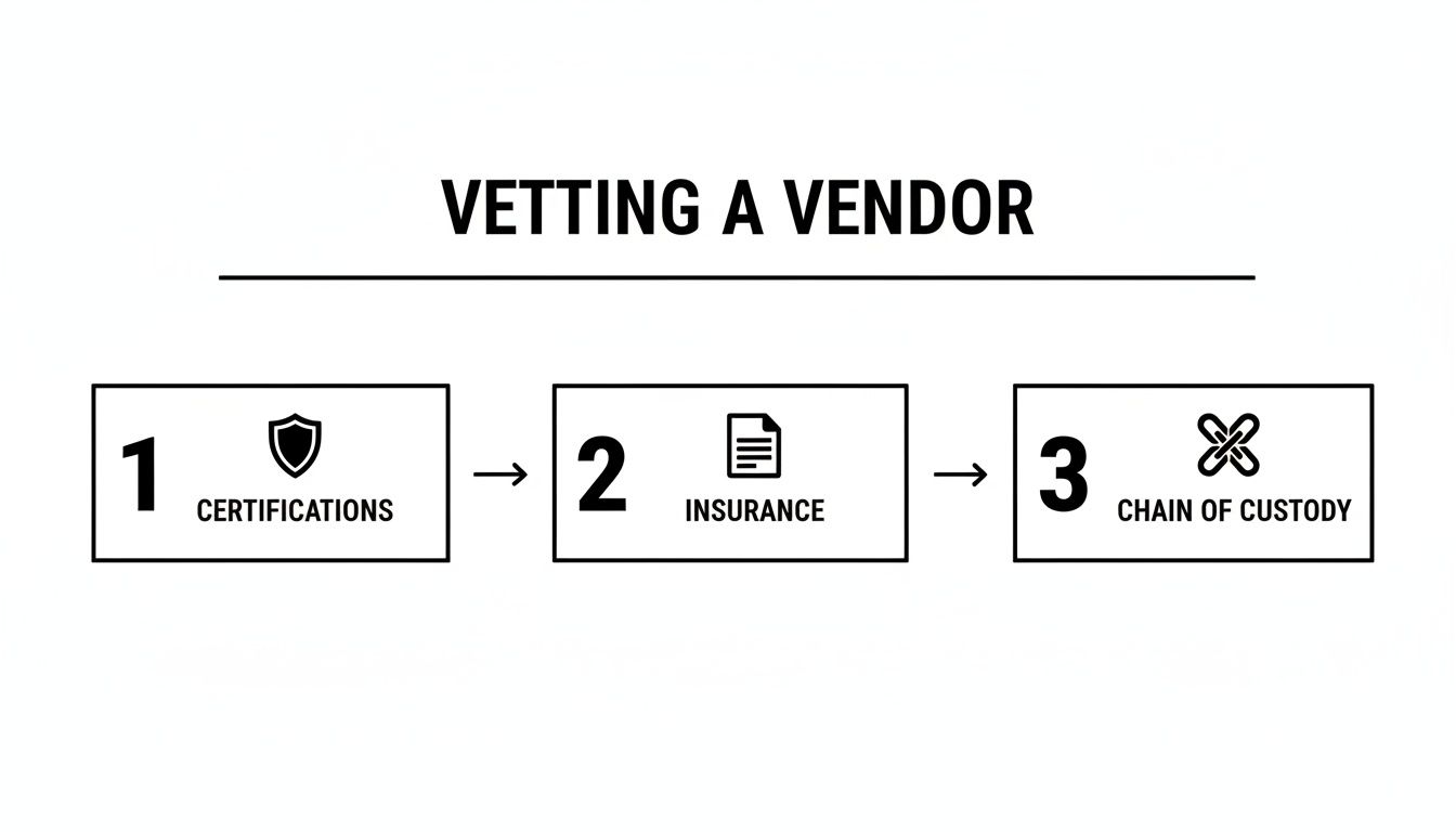 A diagram illustrating three steps for vetting a vendor: certifications, insurance, and chain of custody.
