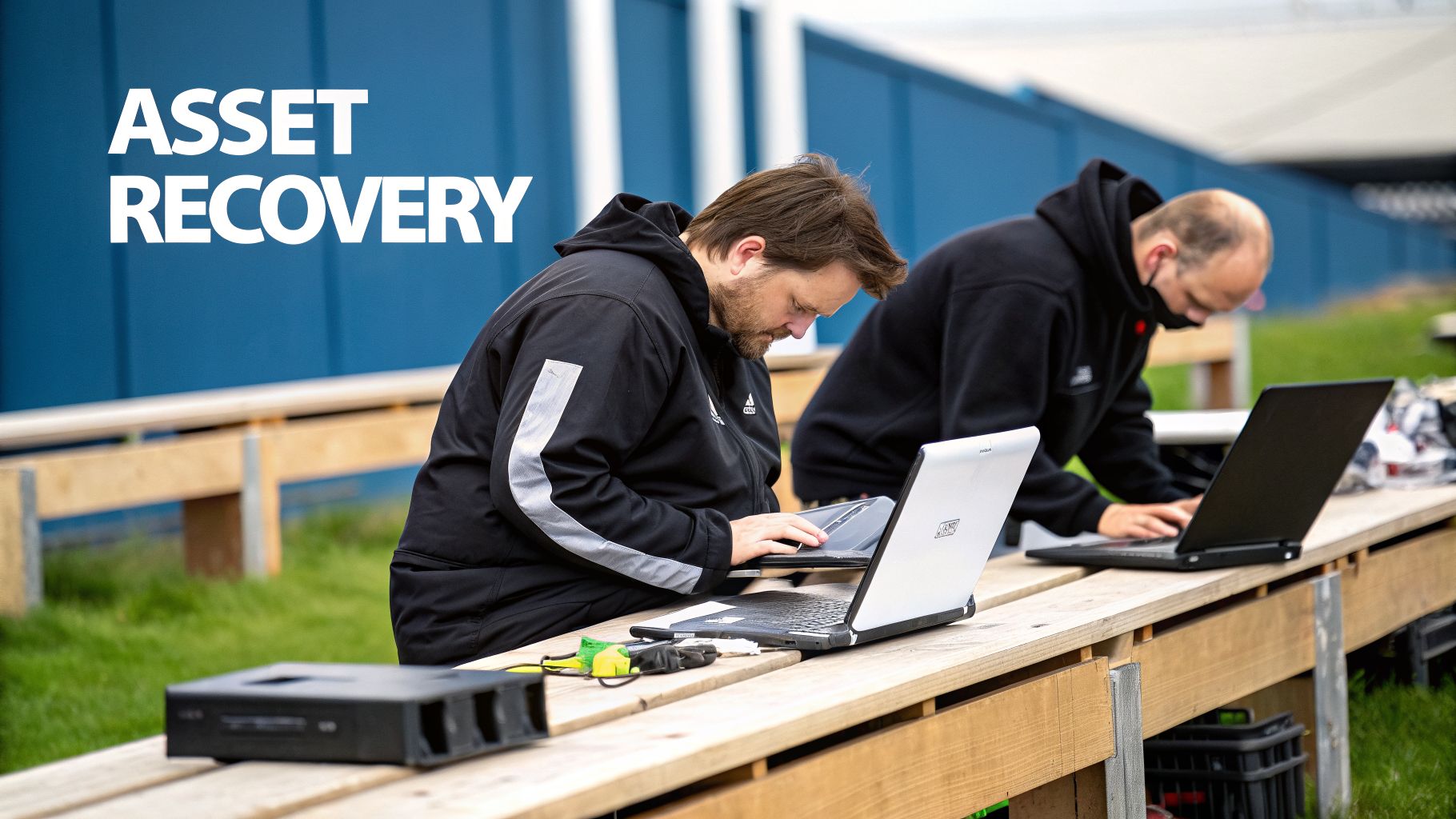 Two men processing data on laptops outdoors at a wooden table, with an 'ASSET RECOVERY' sign.