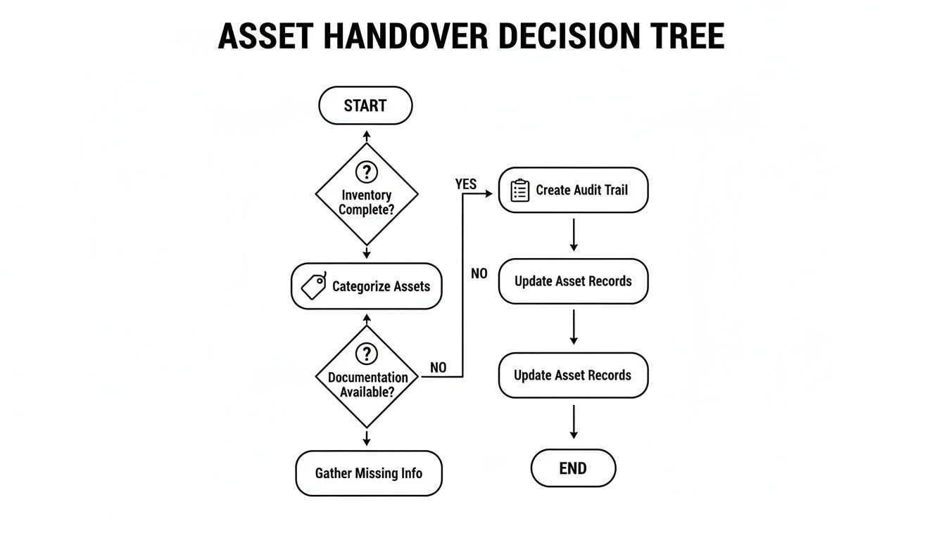Flowchart illustrating the asset handover decision process, covering inventory, categorization, documentation, and record updates.
