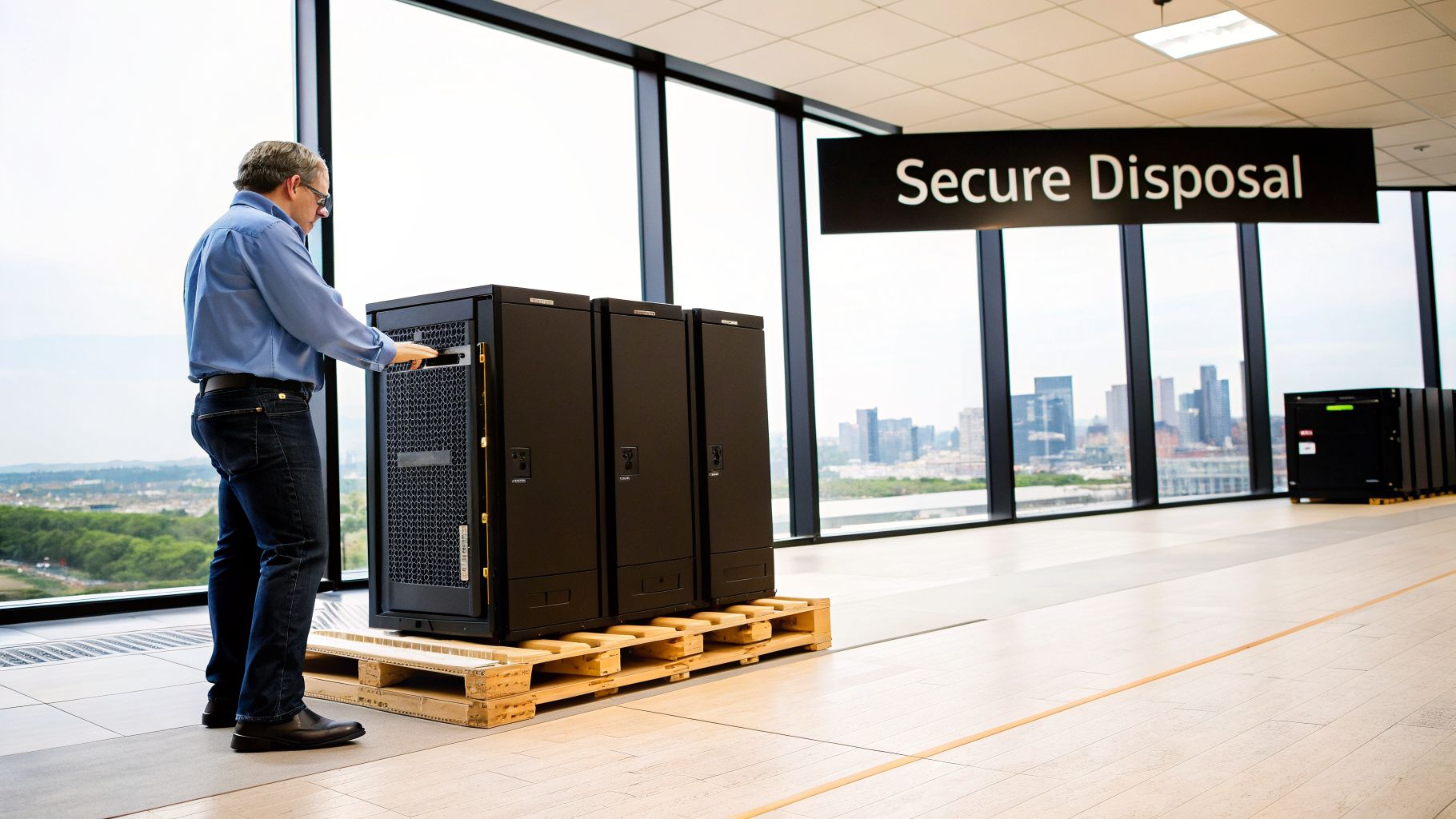 Man inspecting black server racks on wooden pallets, under a "Secure Disposal" sign, with a city view.