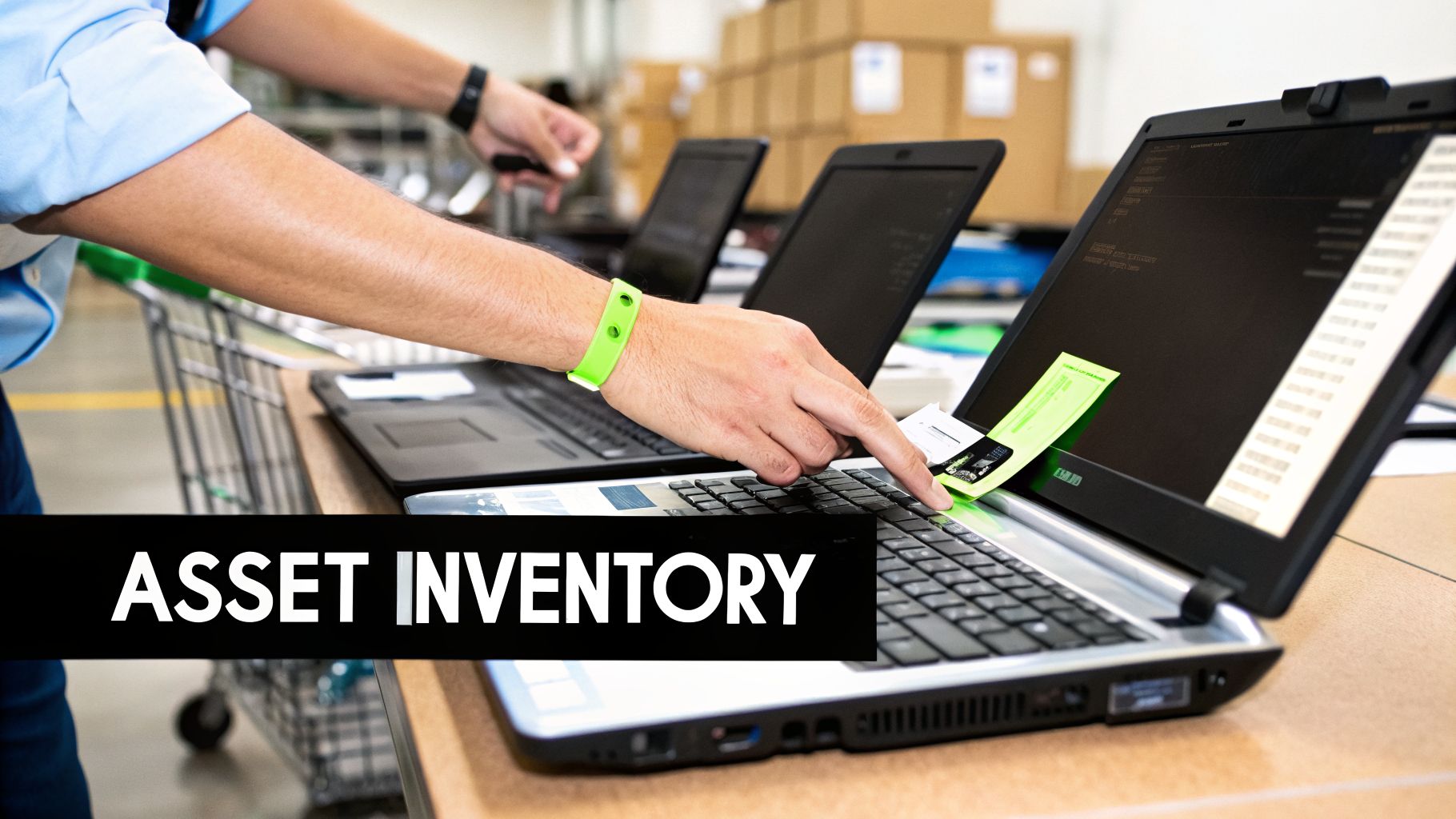 Close-up of a person scanning a laptop with a neon green wristband, performing asset inventory in a warehouse.