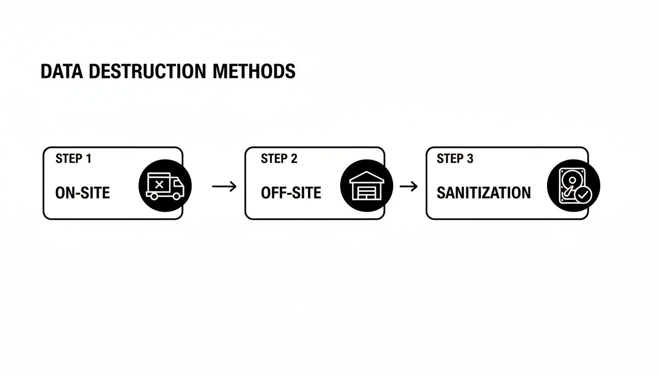 Flowchart illustrating three data destruction methods: on-site, off-site, and sanitization.