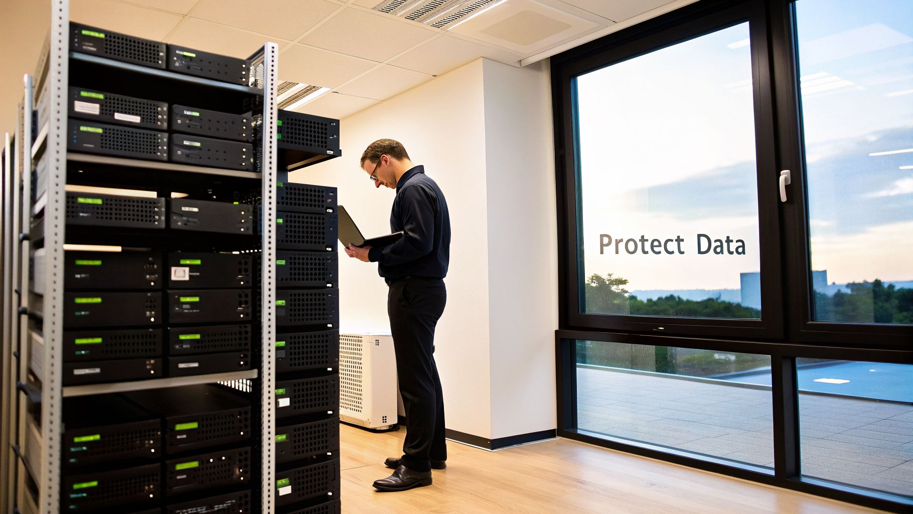 An IT professional in a server room looking at a laptop, 'Protect Data' on a window.