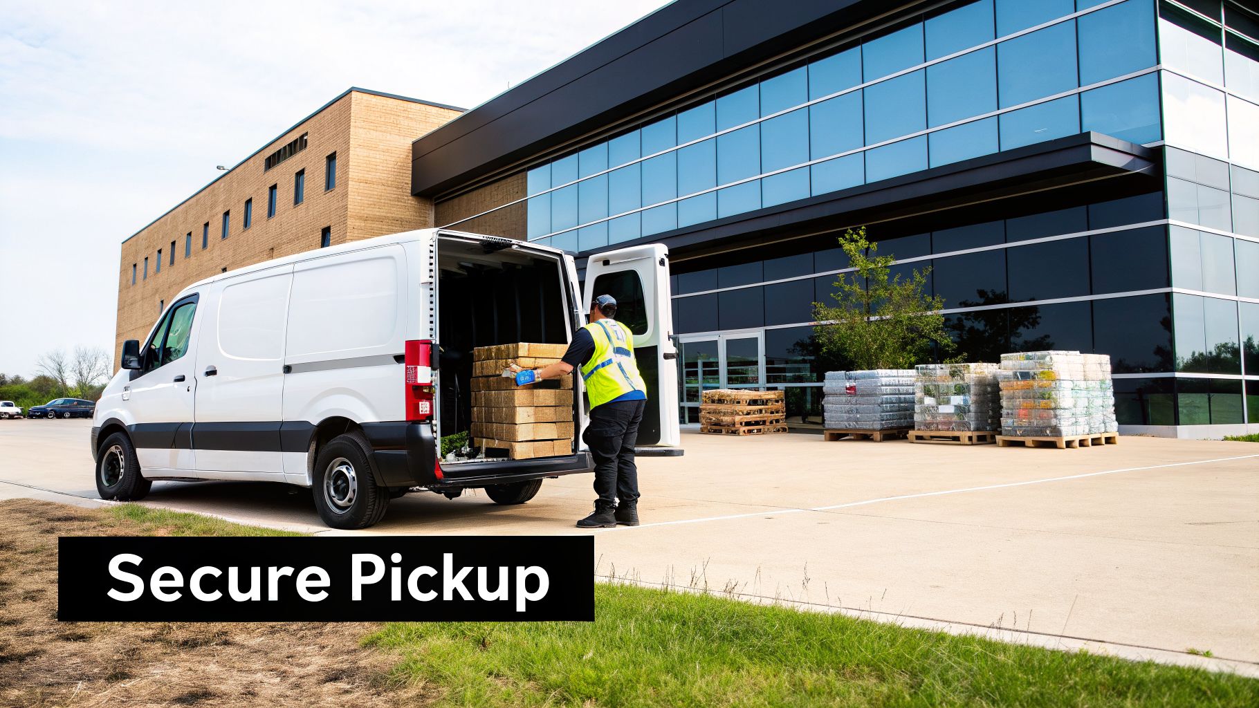 A person in a safety vest loads boxes into a white delivery van parked at a commercial building.