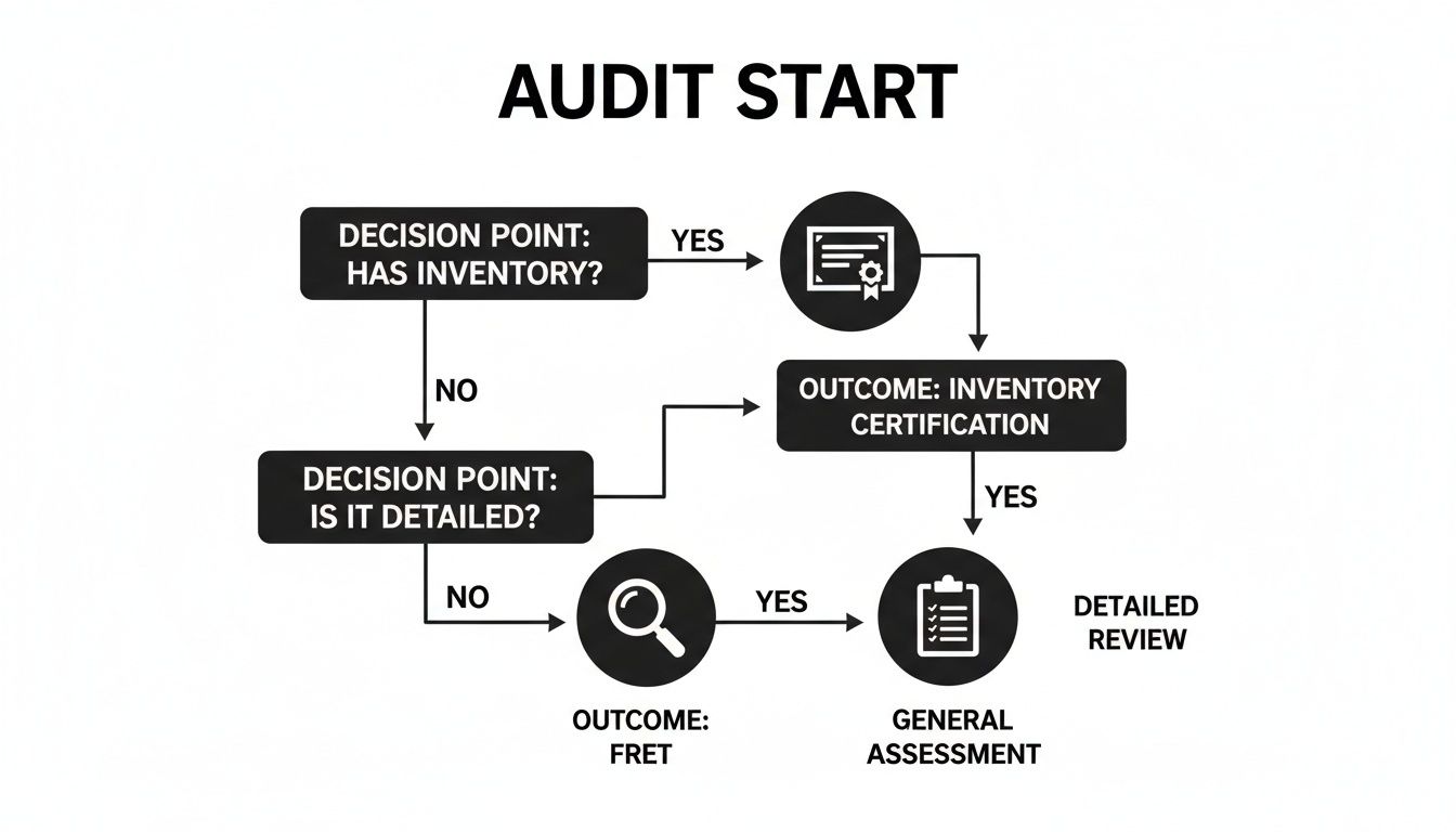 Flowchart detailing an audit start process with inventory, certification, and assessment steps.