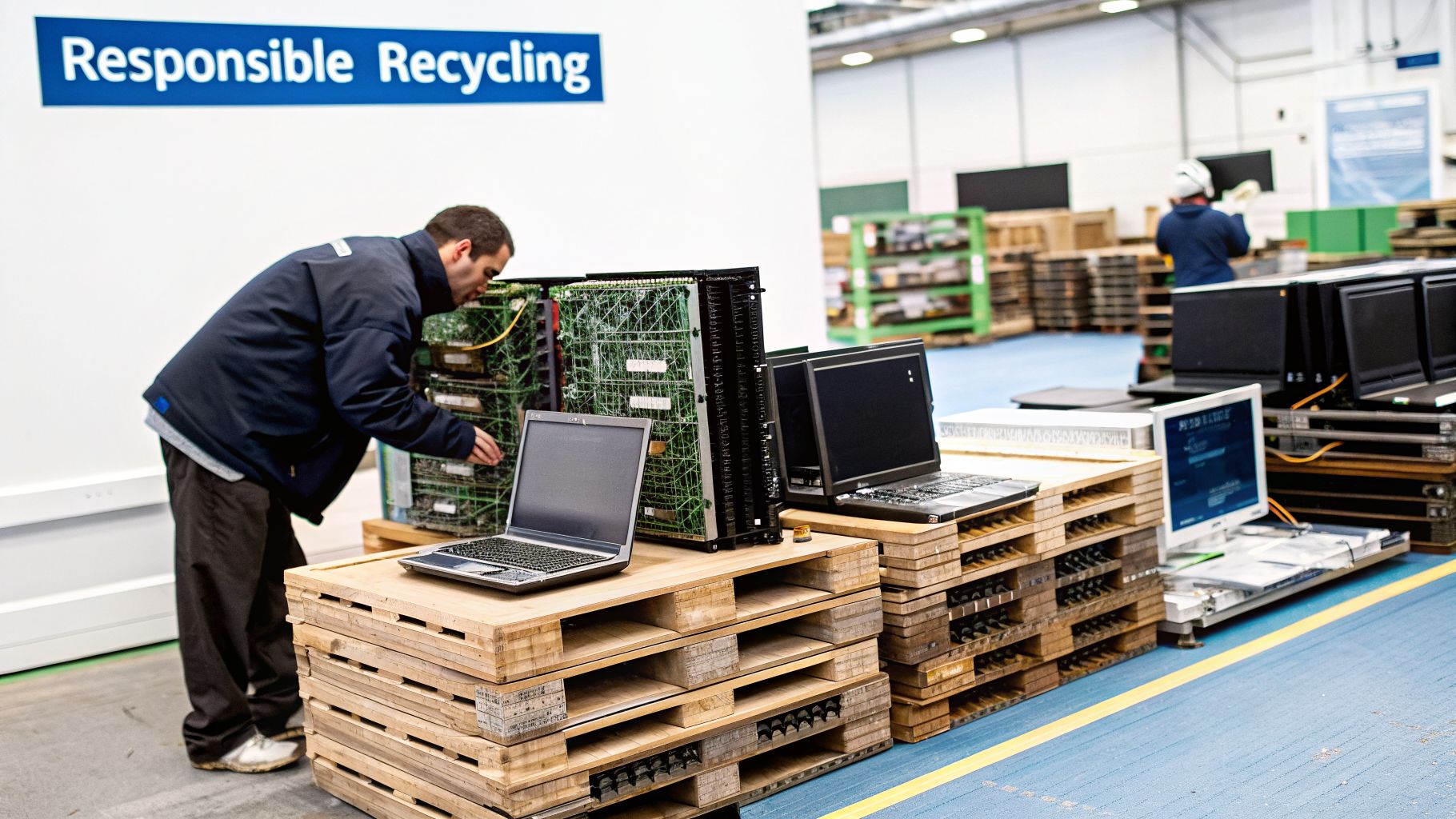 Worker inspects old laptops, monitors, and server components on pallets in a computer recycling facility.