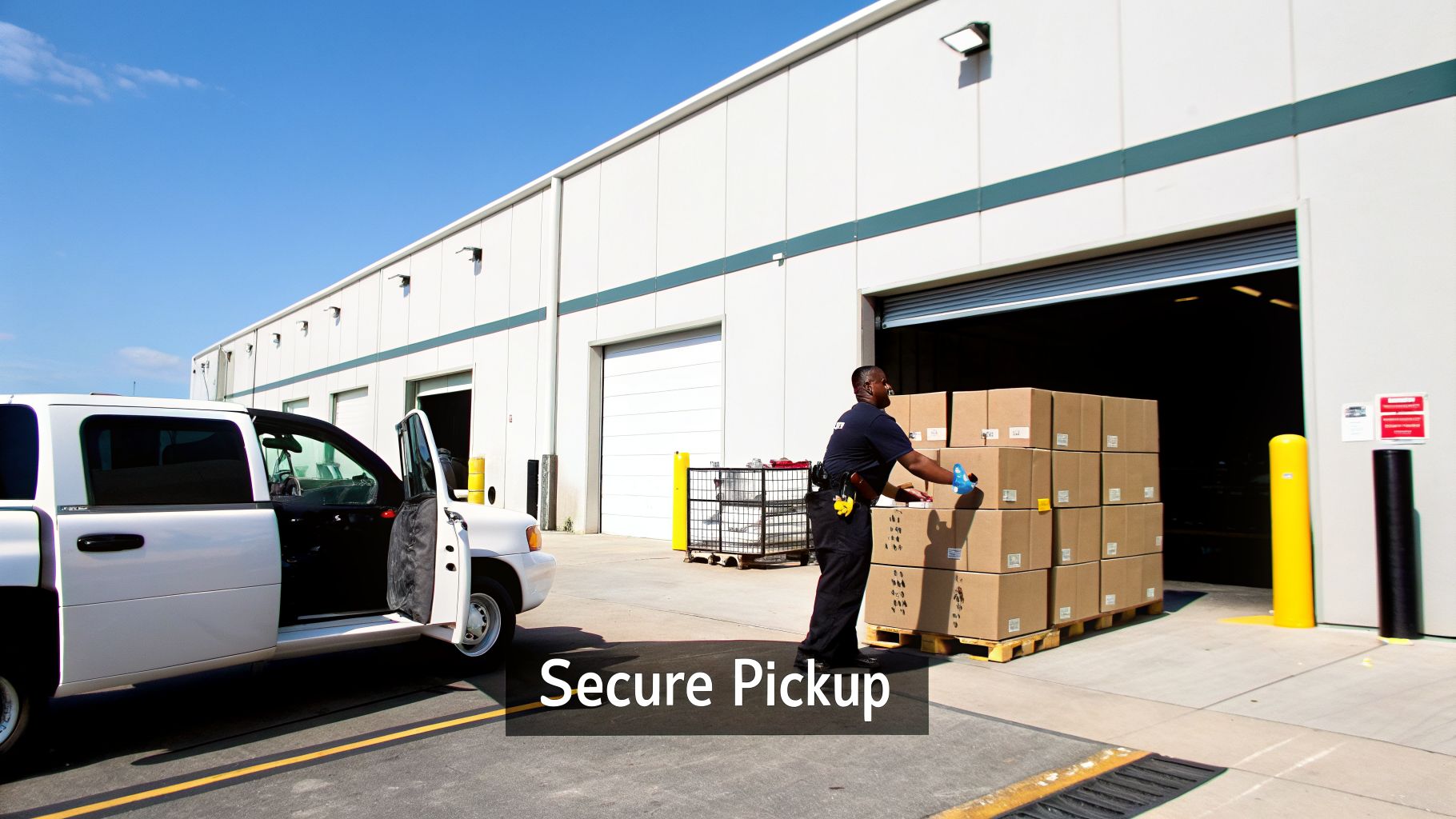A uniformed worker handles boxes on a pallet outside a warehouse loading dock, near a white pickup truck.