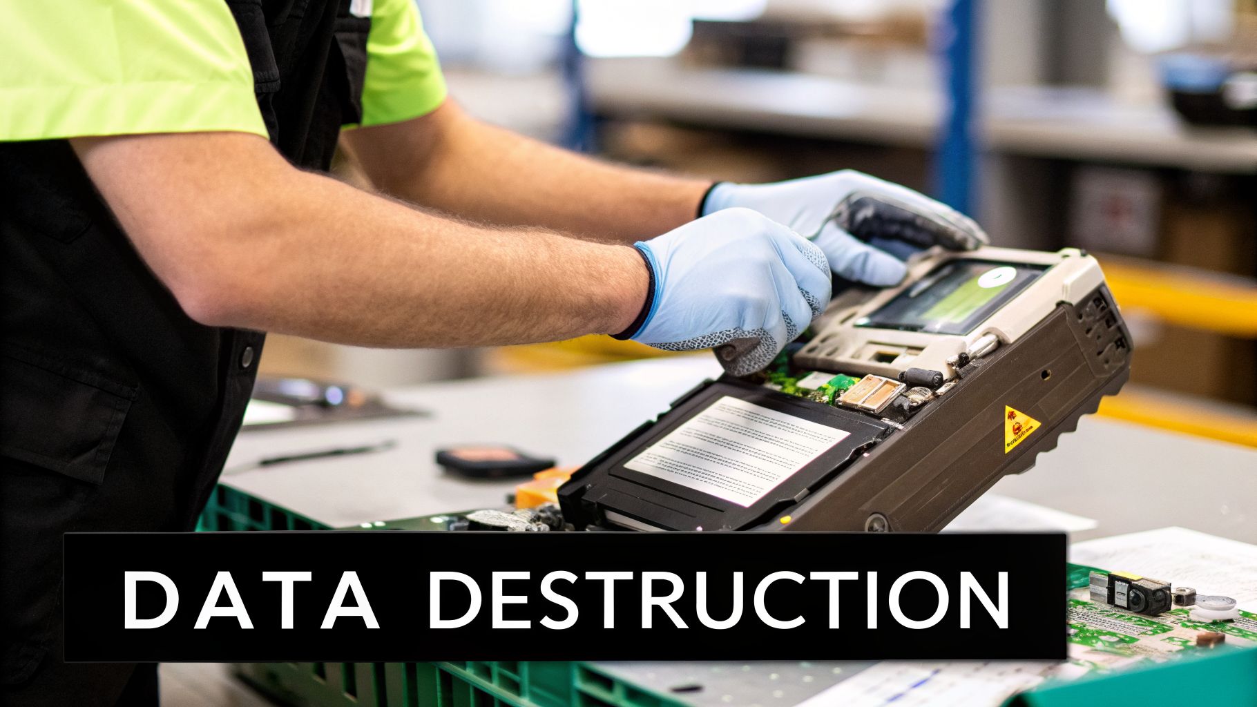 A person in blue gloves disassembling an electronic device, performing data destruction in a workshop.