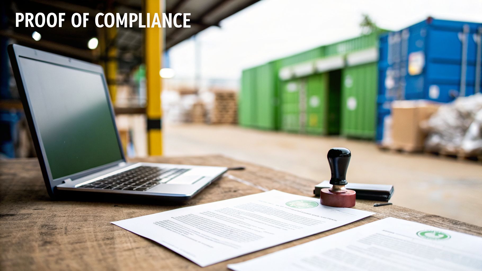 Documents, a laptop, and a compliance stamp on a wooden desk in a warehouse setting.