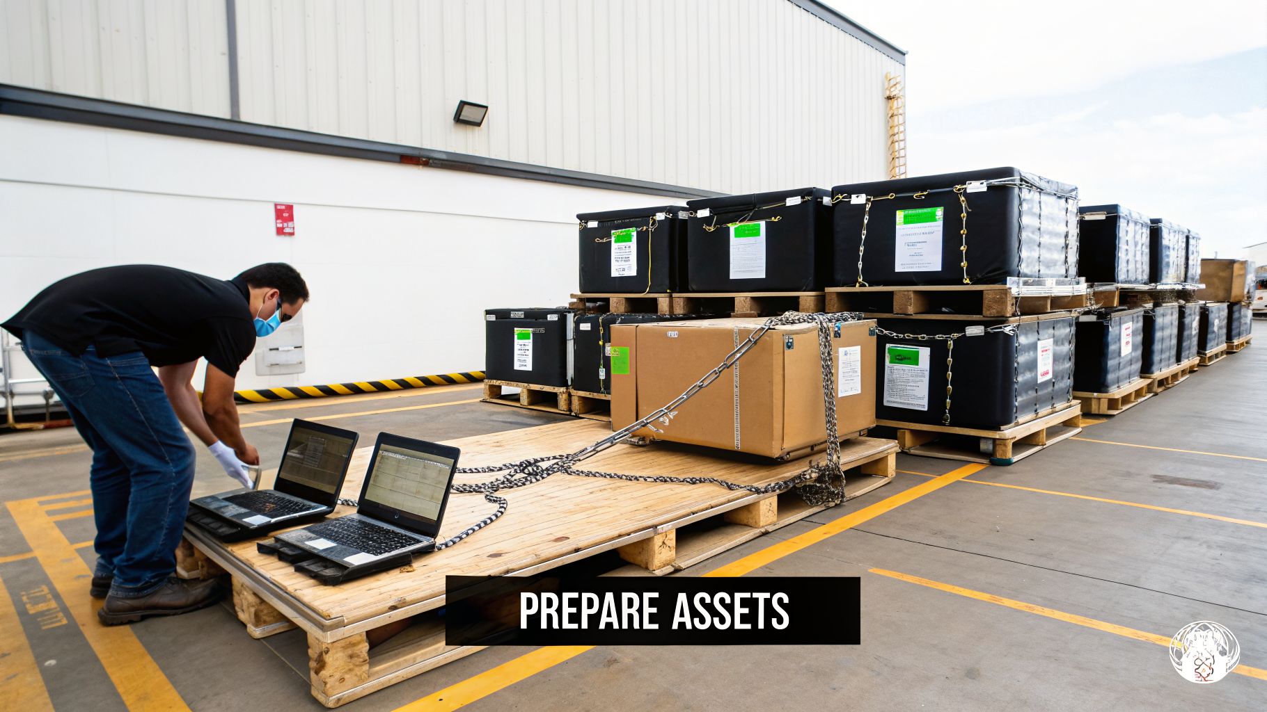 A masked worker prepares assets on laptops, surrounded by chained containers and boxes on pallets outdoors.