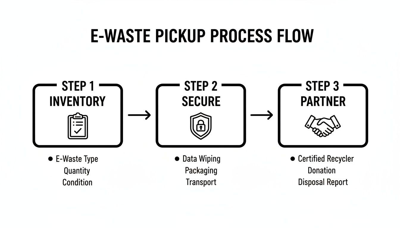 A flow chart illustrating the E-Waste pickup process with steps for inventory, secure handling, and partnering for disposal.