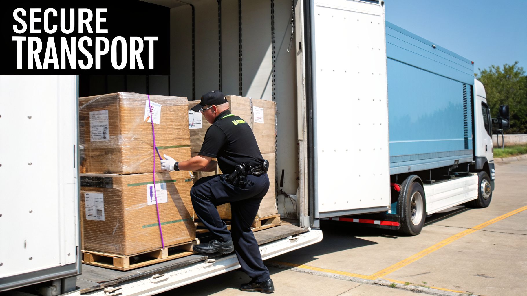 A security guard loads large boxes onto a white and blue transport truck.
