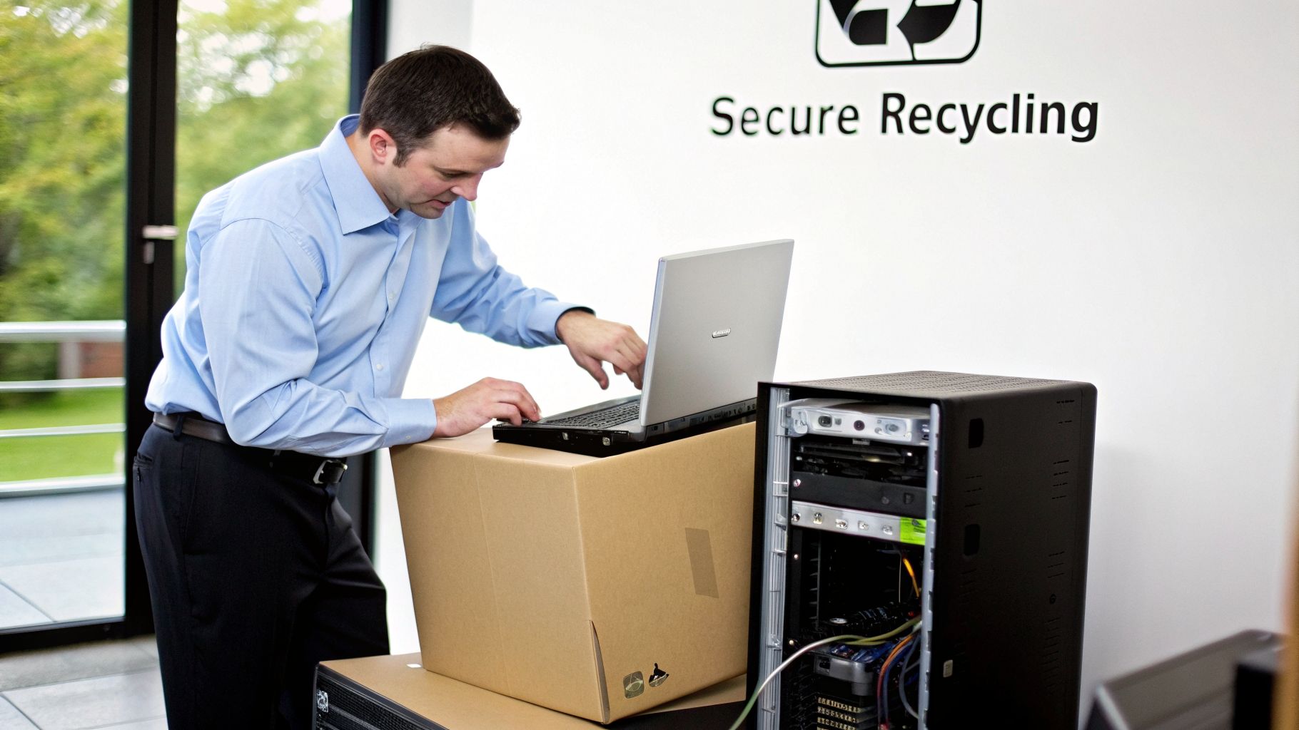 A man uses a laptop on a box, preparing a computer for secure recycling.