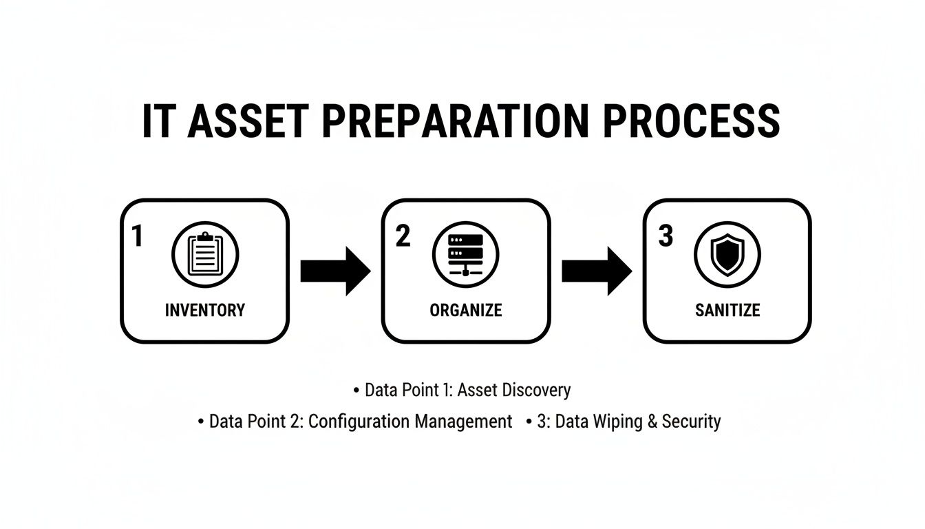 Flowchart illustrating the IT asset preparation process with steps for inventory, organize, and sanitize.
