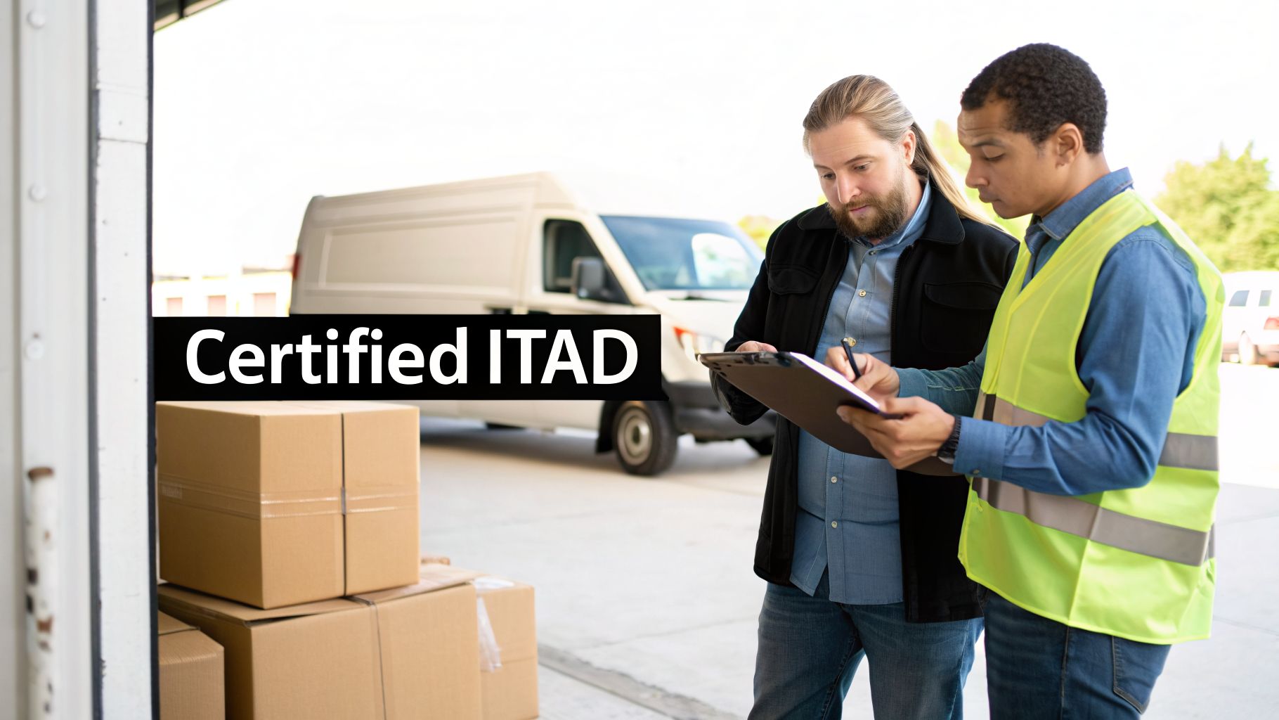 Two men, one in a vest, check documents near delivery boxes at a loading dock. Text: Certified ITAD.