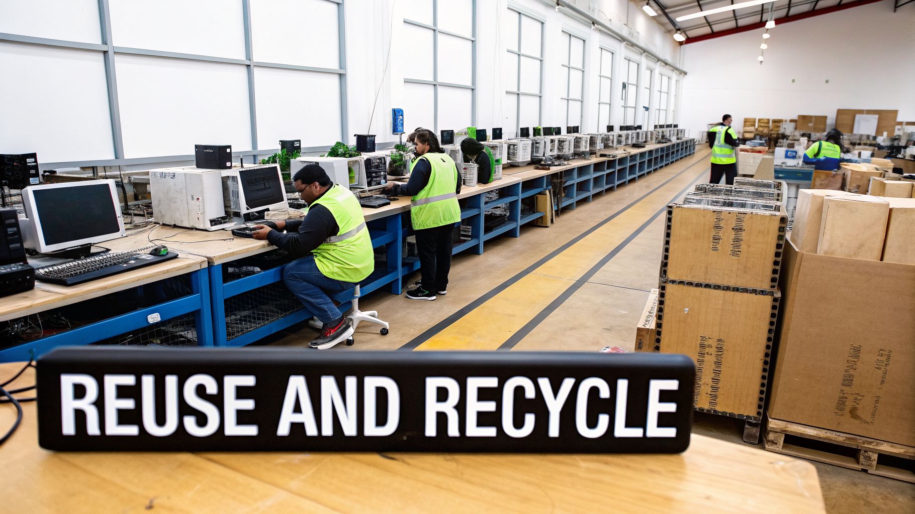 Workers in a computer recycling facility refurbishing electronics at workstations with a 'REUSE AND RECYCLE' sign.
