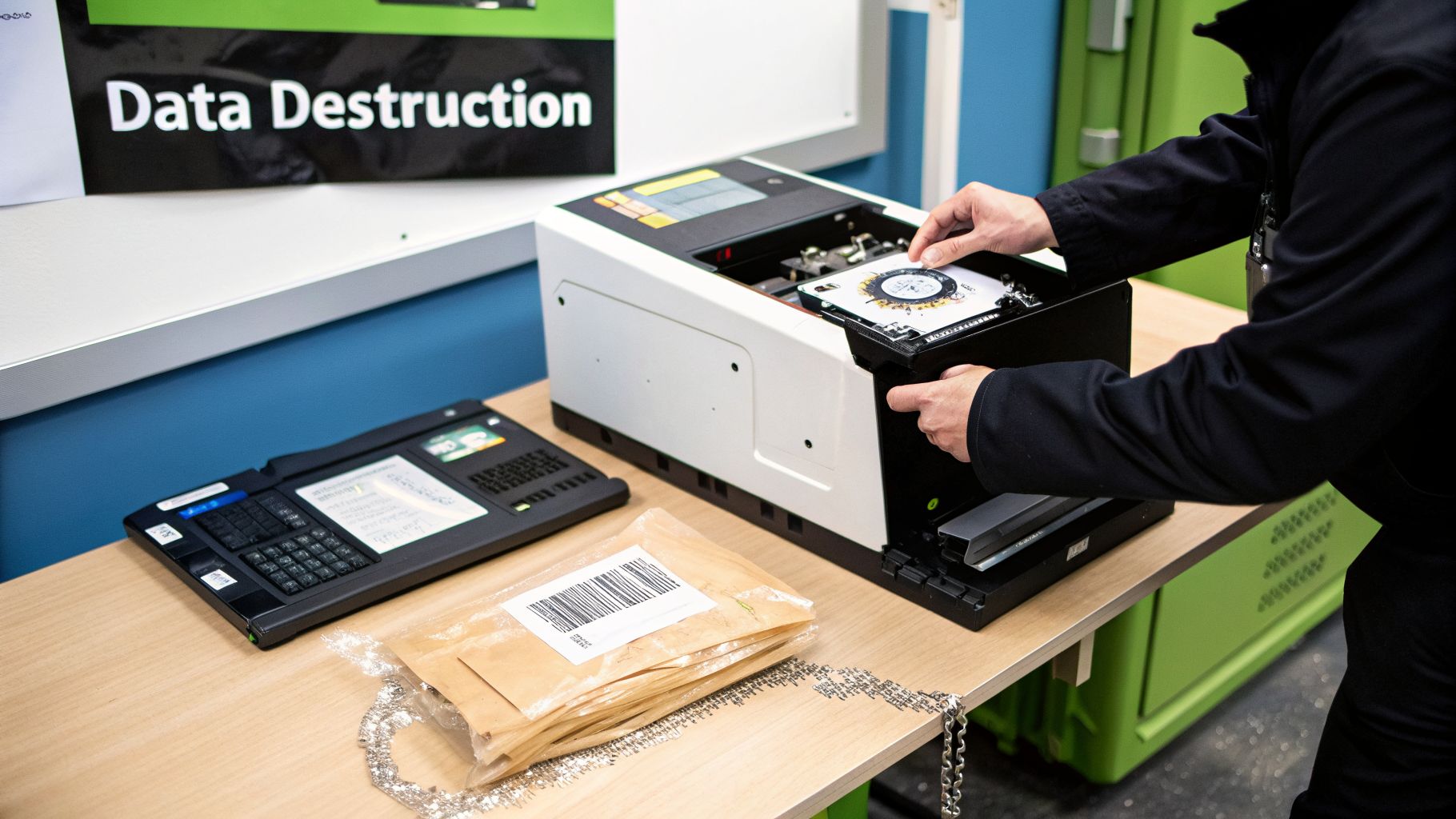 A person destroying data by inserting a hard drive into a data destruction machine.