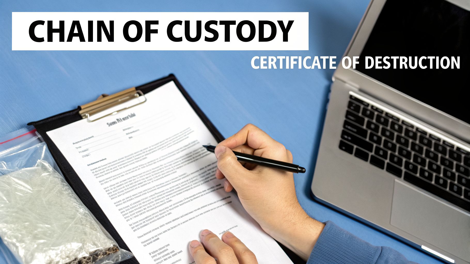 Hand signing a certificate of destruction document near a laptop and an evidence bag, related to chain of custody.