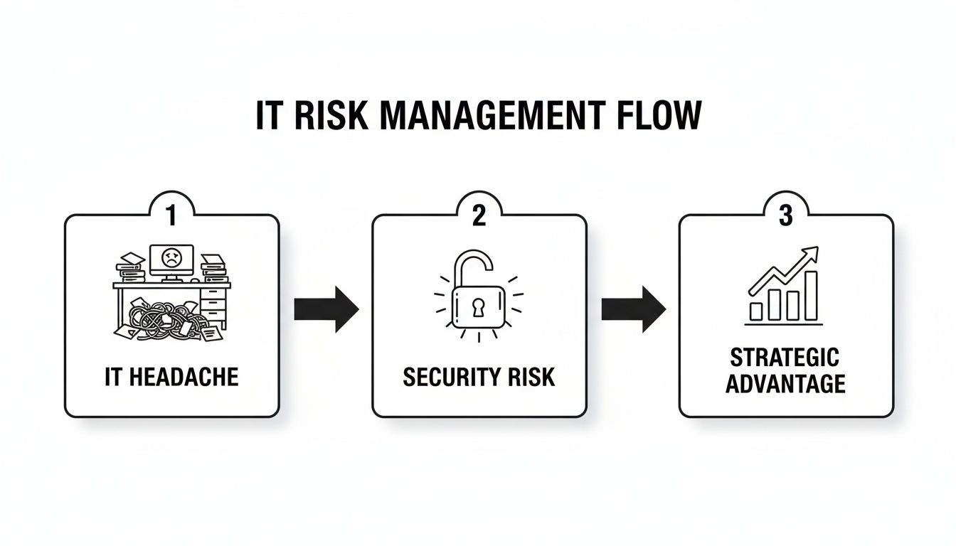 A flow chart showing IT risk management: from IT headache to security risk to strategic advantage.