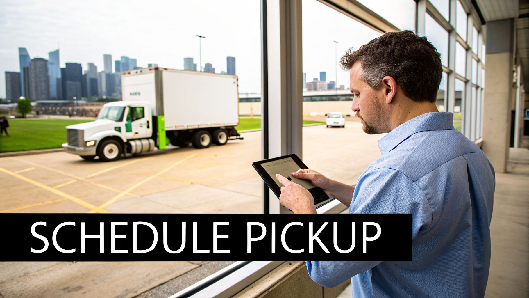 Man scheduling a pickup on a tablet, with a delivery truck and city skyline in the background.