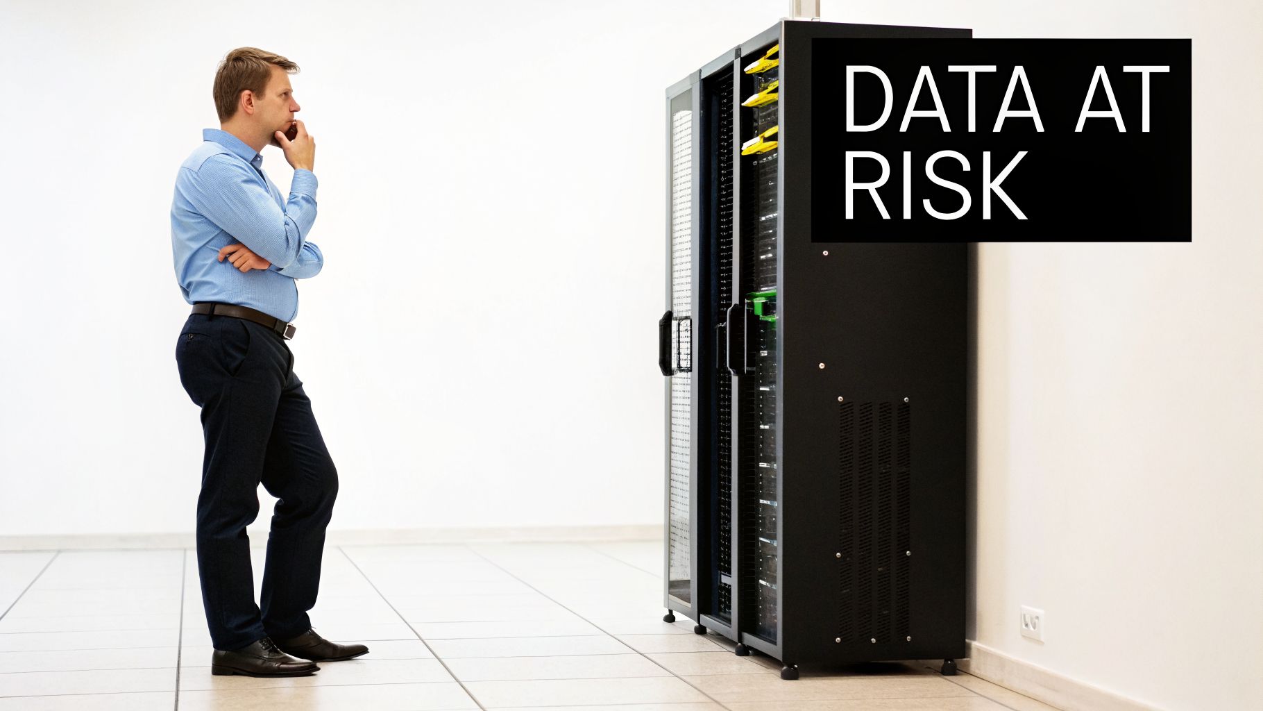 IT professional contemplating server racks with a 'DATA AT RISK' warning sign.