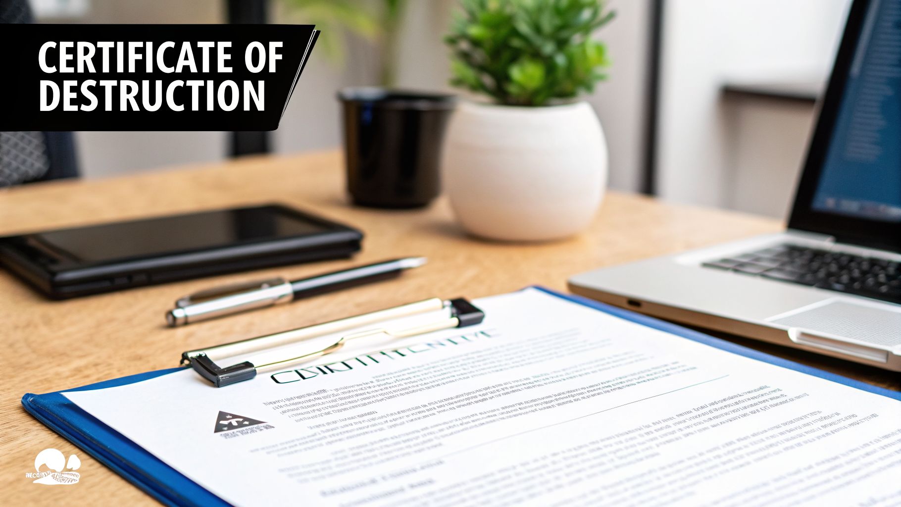 A 'Certificate of Destruction' document on a wooden desk with a pen, smartphone, plant, and laptop.