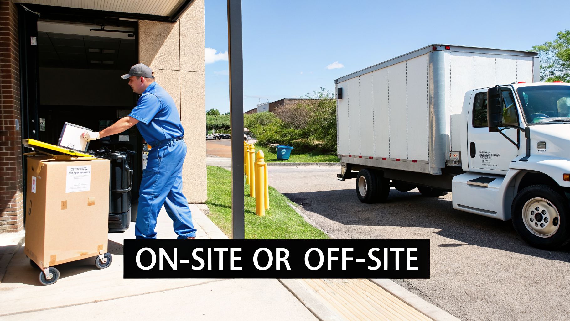 A man in a blue uniform handles packages at a loading dock with a white delivery truck nearby.