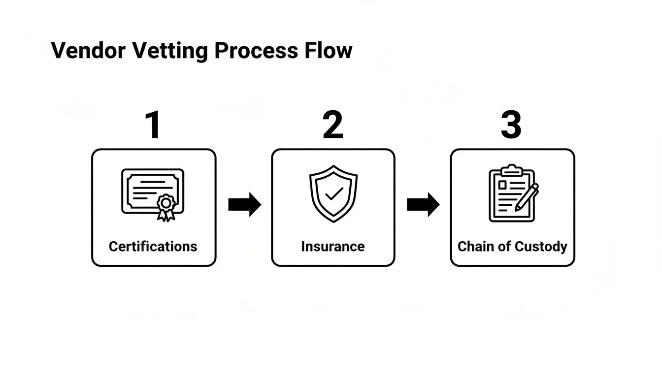 Vendor vetting process flow diagram showing Certifications, Insurance, and Chain of Custody steps.