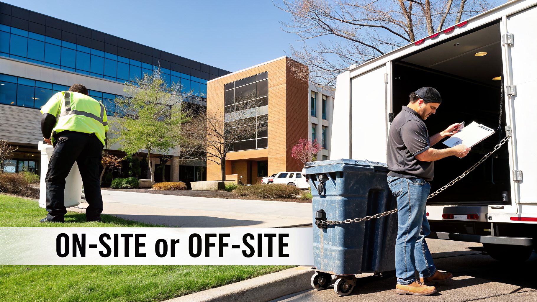 Two men providing secure data destruction services with bins and a truck outside an office building.